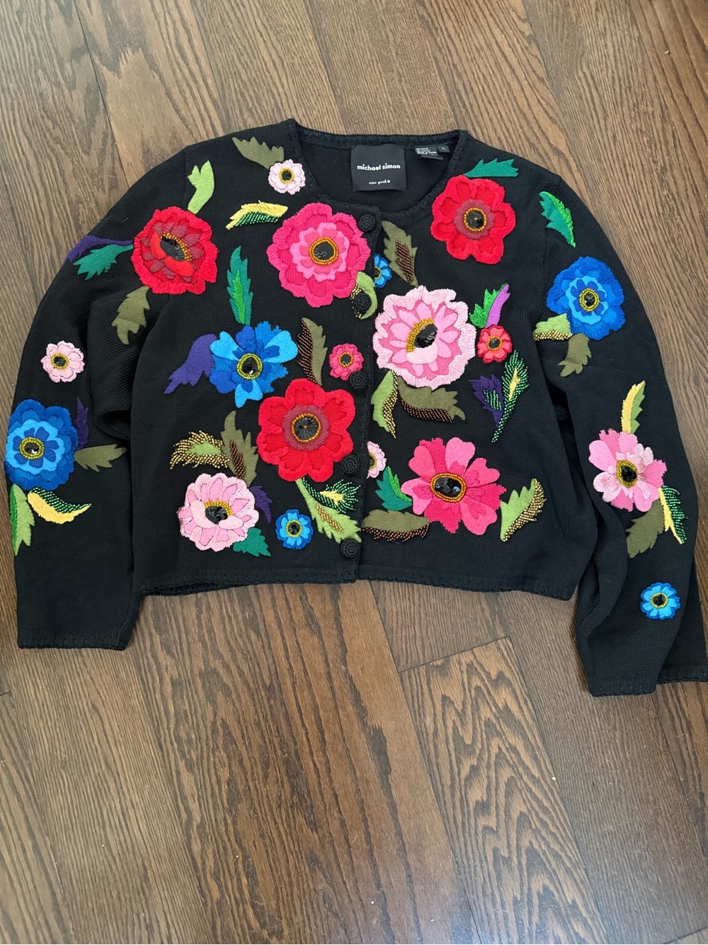 Michael Simon Black Cardigan with Multicolor Floral Embroidery and sequin